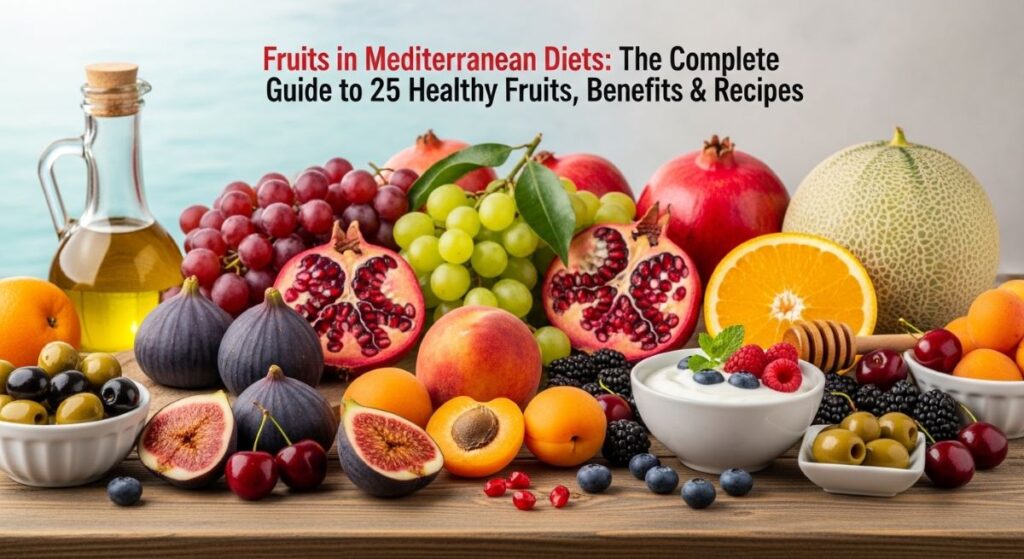 Colorful Mediterranean diet table with fresh fruits like figs, grapes, oranges, berries and olives.