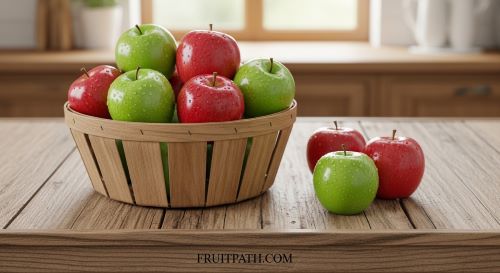 Red and green apples in a basket.