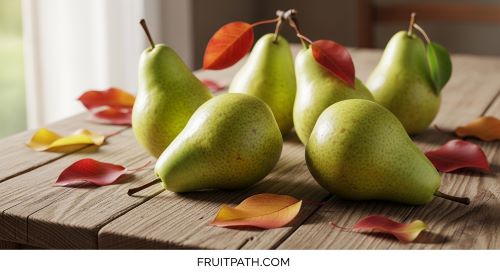 Fresh ripe pears on a wooden table.