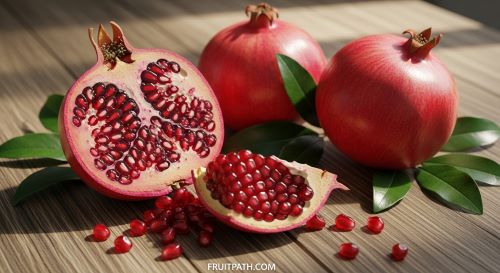 Ripe pomegranate with bright red seeds.