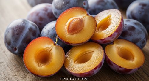 Ripe purple plums cut open.