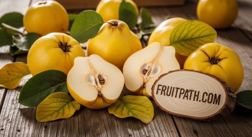 Golden quinces on wooden table.
