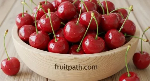 Fresh red cherries in a bowl.
