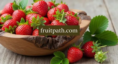 Fresh strawberries with green leaves.