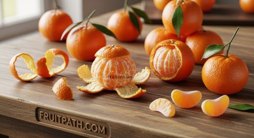Fresh tangerines with peel and slices.