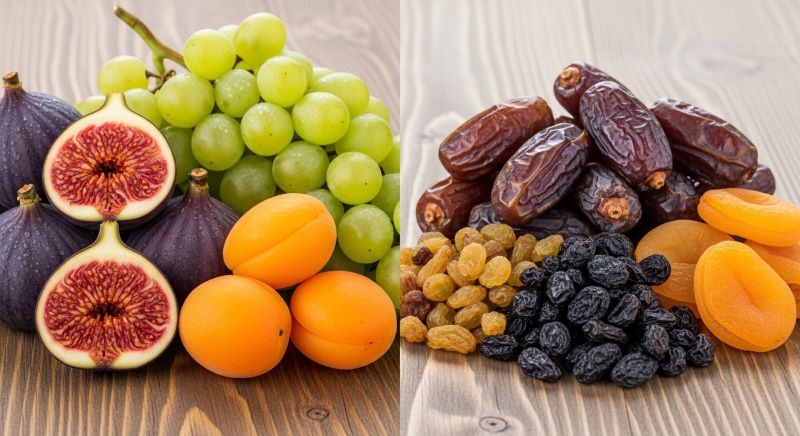 Comparison of fresh fruits and dried fruits like figs, grapes, dates and raisins.