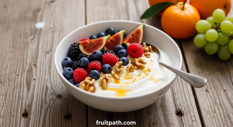 Greek yogurt topped with berries, figs, walnuts and honey.