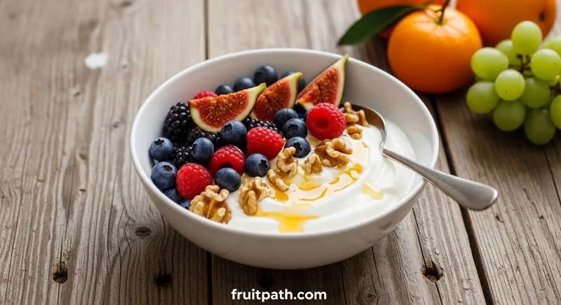 Greek yogurt topped with berries, figs, walnuts and honey.