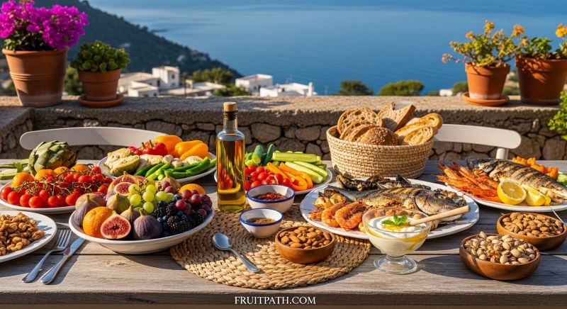 Traditional Mediterranean diet foods including fruits, olive oil, bread, seafood and vegetables.