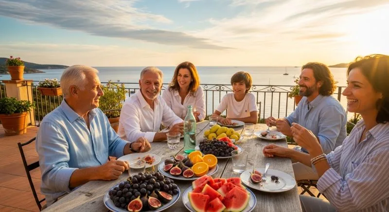 Mediterranean family enjoying fresh fruits at outdoor dinner table.