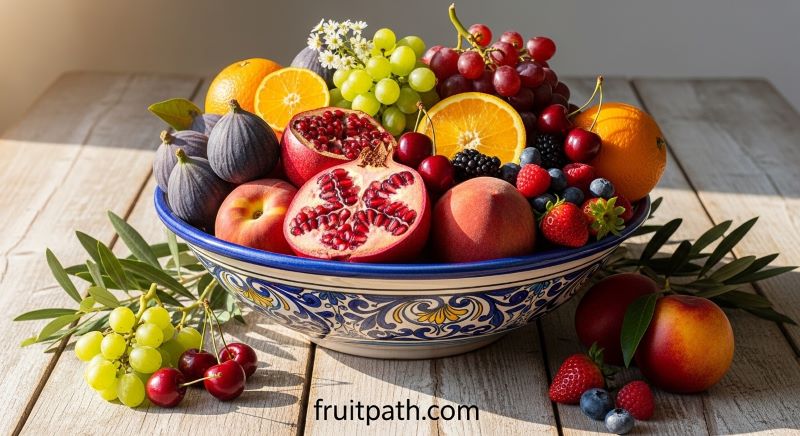 Mediterranean fruit bowl filled with figs, grapes, oranges, peaches and berries.