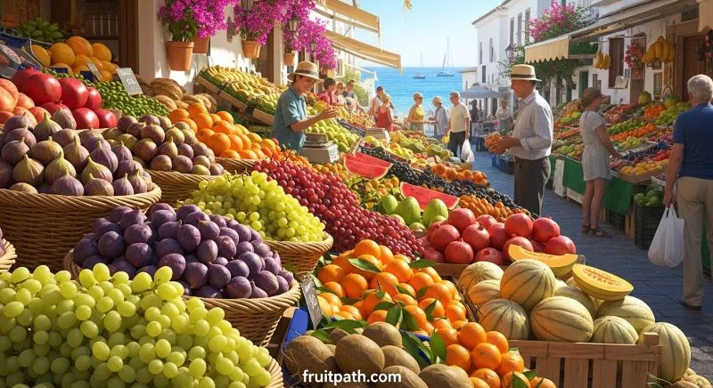 Mediterranean fruit market with fresh figs, grapes, oranges and peaches.