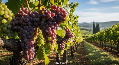 Fresh grapes growing in a Mediterranean vineyard.
