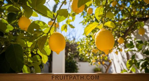 Yellow lemons growing on a Mediterranean lemon tree.