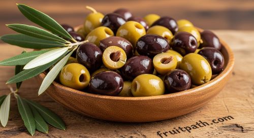 Green and black olives in bowl.