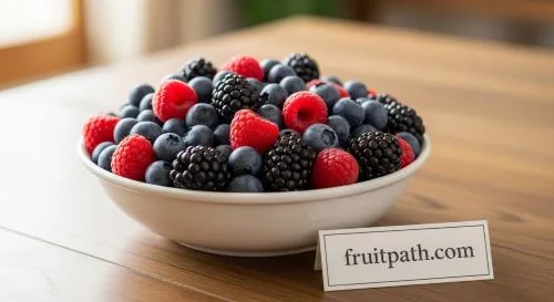 Mixed berries including blueberries and raspberries.