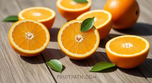 Fresh oranges with slices and leaves on table.