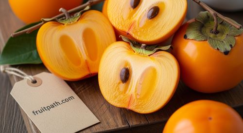Ripe persimmons with bright orange skin.