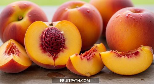 Fresh ripe peaches cut in half.