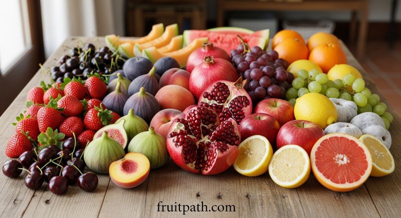 Seasonal Mediterranean fruits including spring strawberries, summer figs, autumn pomegranates and winter citrus.