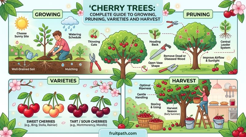 infographic image showing cherry trees grwoing,pruning, varieties, and havesting process