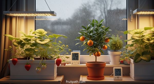 Indoor fruit plants growing under grow lights in a controlled environment while harsh weather is visible outside.