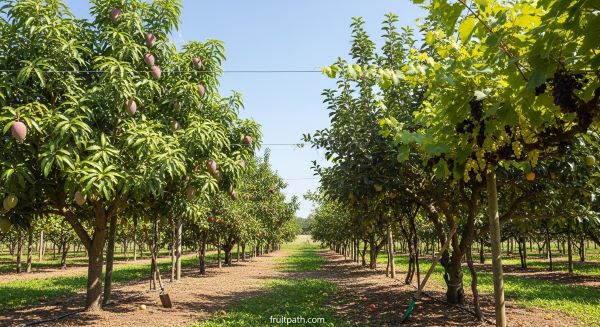 Outdoor fruit orchard with mango, apple, and grape plants growing naturally under sunlight with high fruit production.
