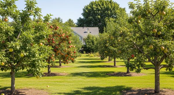 Backyard orchard with apple, mango, peach, and pear trees growing in a spacious garden.