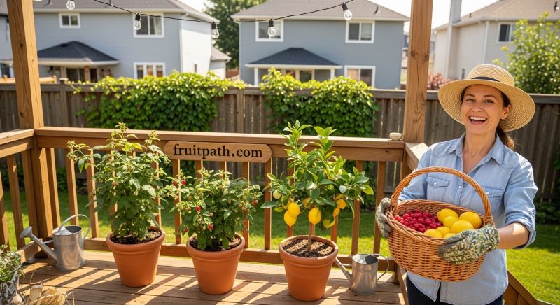 Beginner fruit garden started with four pots on a backyard deck