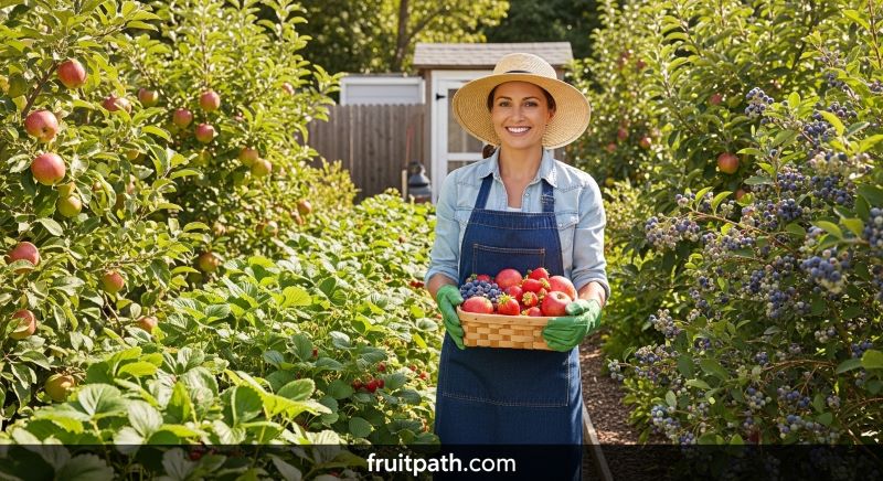 A female home gardener enjoying a backyard fruit garden full of healthy fruit plants and ripe fruits.