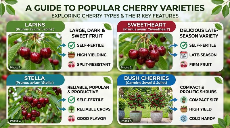 Best cherry varieties comparison showing Lapins Sweetheart Stella and bush cherries for small gardens and high yield.
