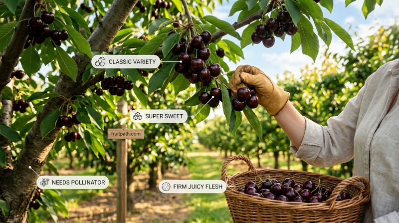 Bing cherry tree showing large heart shaped dark sweet cherries classic variety known for rich flavor and fresh eating.