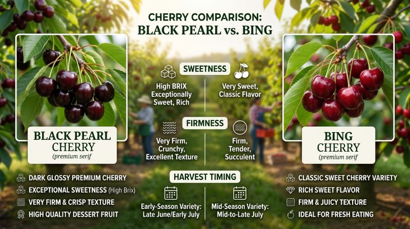 Black Pearl vs Bing cherry comparison showing differences in taste quality firmness and growing characteristics.