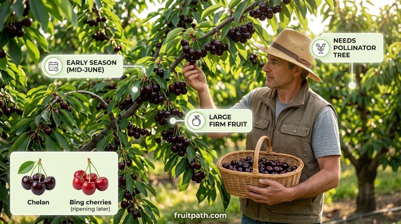 Chelan cherry tree early season variety showing large dark red sweet cherries ready for harvest and pollination requirements.