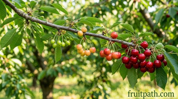 Cherry fruit development stages from green cherries to ripe red fruit on tree.