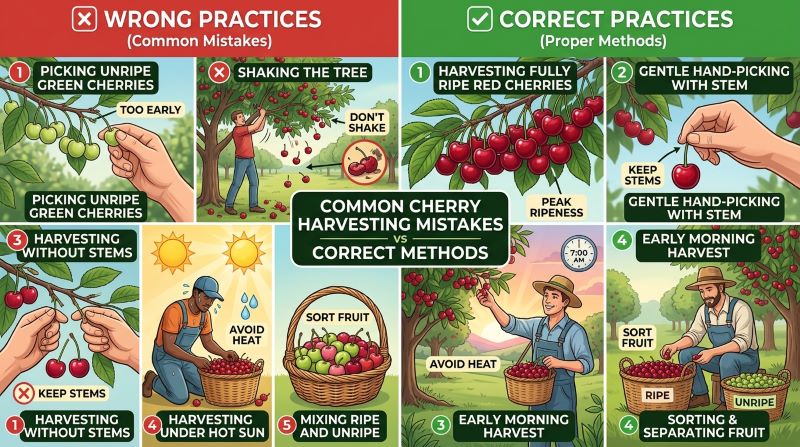 Common cherry harvesting mistakes showing picking too early shaking tree removing stems and improper sorting of cherries.