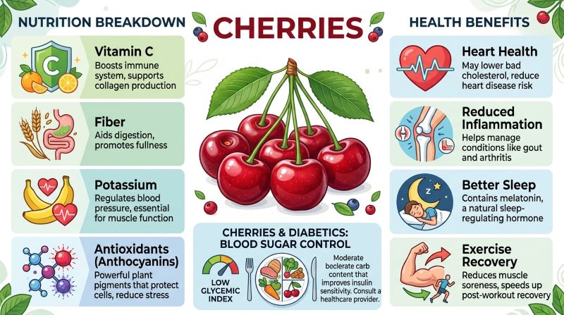 Health benefits of cherries showing nutrition vitamins antioxidants heart health sleep support and diabetic friendly fruit.