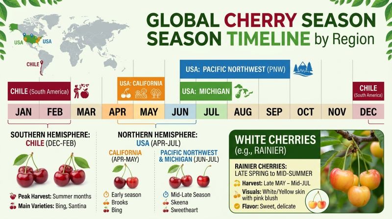 When are cherries in season showing cherry harvest calendar for USA Chile and white cherry season timeline.