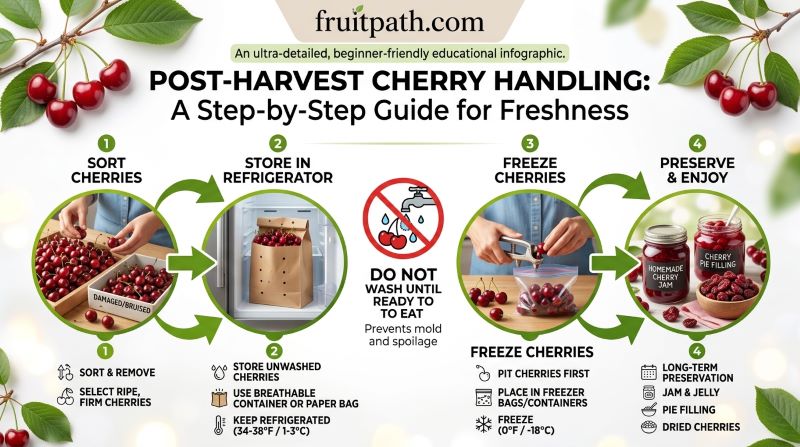 How to store cherries after harvest showing sorting refrigeration freezing and not washing before storage.