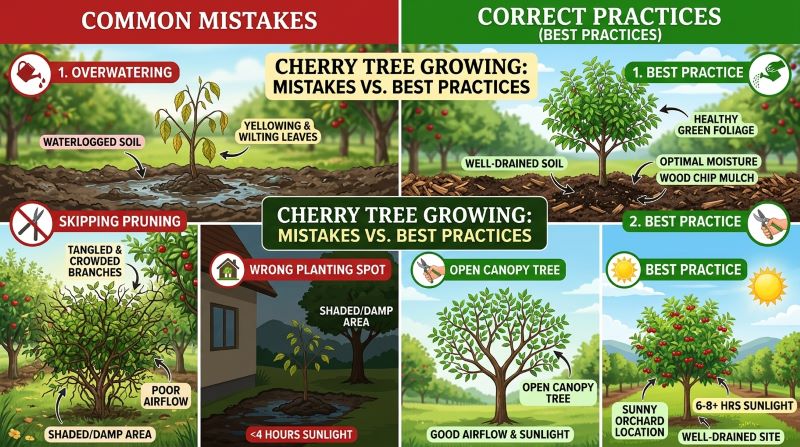 Beginner mistakes in cherry tree care showing overwatering skipping pruning and wrong planting location with correct solutions.