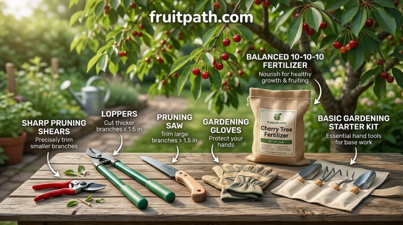 Tools and products for cherry tree care including pruning shears loppers fertilizers and gardening kits.