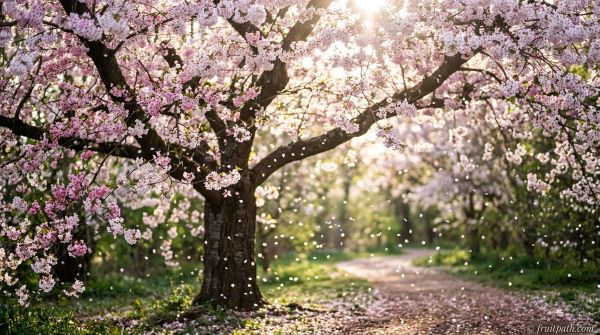 Cherry tree flowering stage with pink and white blossoms blooming in spring season.