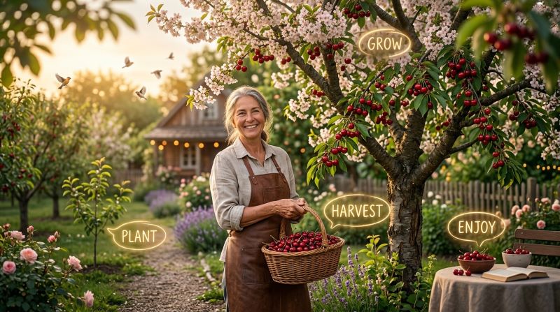 Cherry tree journey from planting to harvesting showing home orchard success with blossoms and ripe fruit