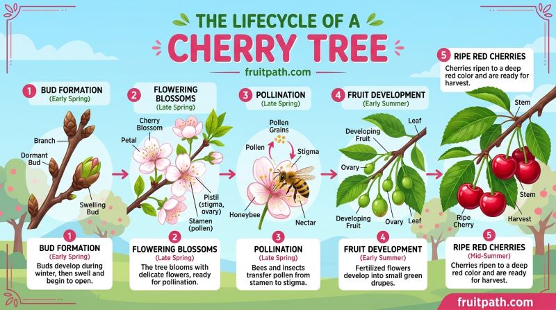 Cherry tree lifecycle bloom to fruit stages showing bud flowering pollination and fruit development.