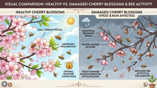 Reasons cherry tree flowers do not turn into fruit including frost poor pollination and lack of bees.