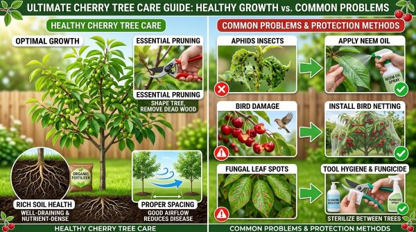Pests and diseases in cherry trees showing aphids birds fungal infections and protection methods like neem oil and netting.