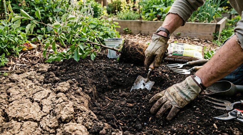 Soil preparation for cherry trees showing compost rich well drained soil for healthy root growth.