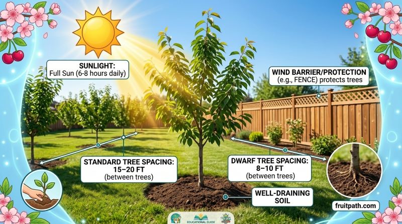 Choose the right location for cherry trees showing sunlight spacing and wind protection for healthy growth.