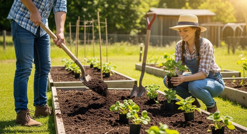 Mixing compost into heavy soil to grow healthy strawberry plants
