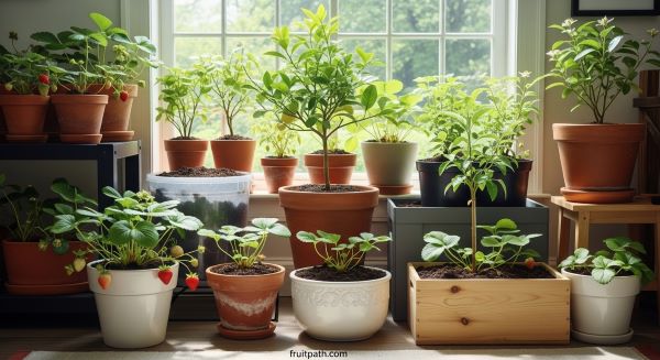 Container fruit gardening with strawberries and lemon plants growing in different pots near a sunny window.